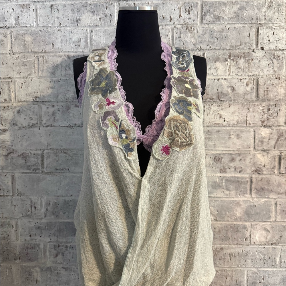 Free People Light Green Camisole with Lilac Lace and Floral Appliqué
